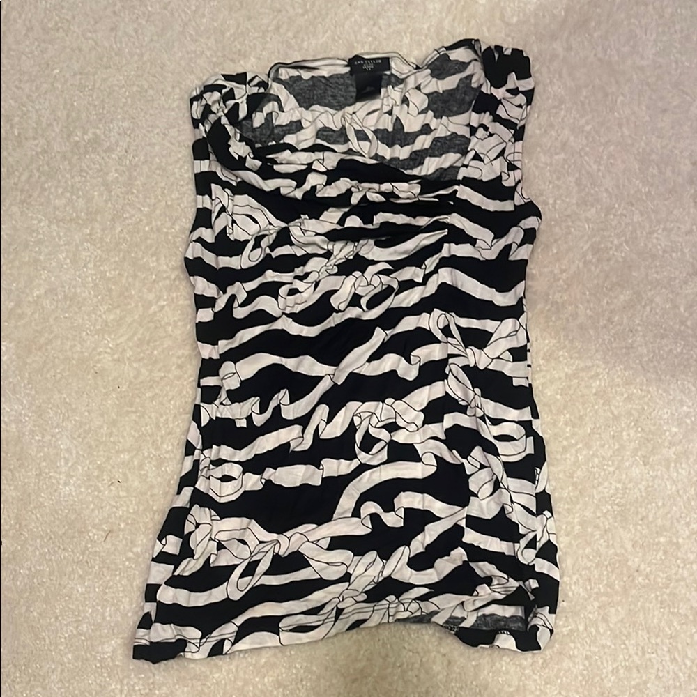 Ann Taylor Black and White Ruched Asymmetrical Blouse